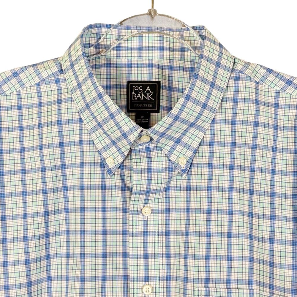 Jos A Bank Traveler Collection Shirt Men 2X Blue Teal Plaid S/S Button up Pocket